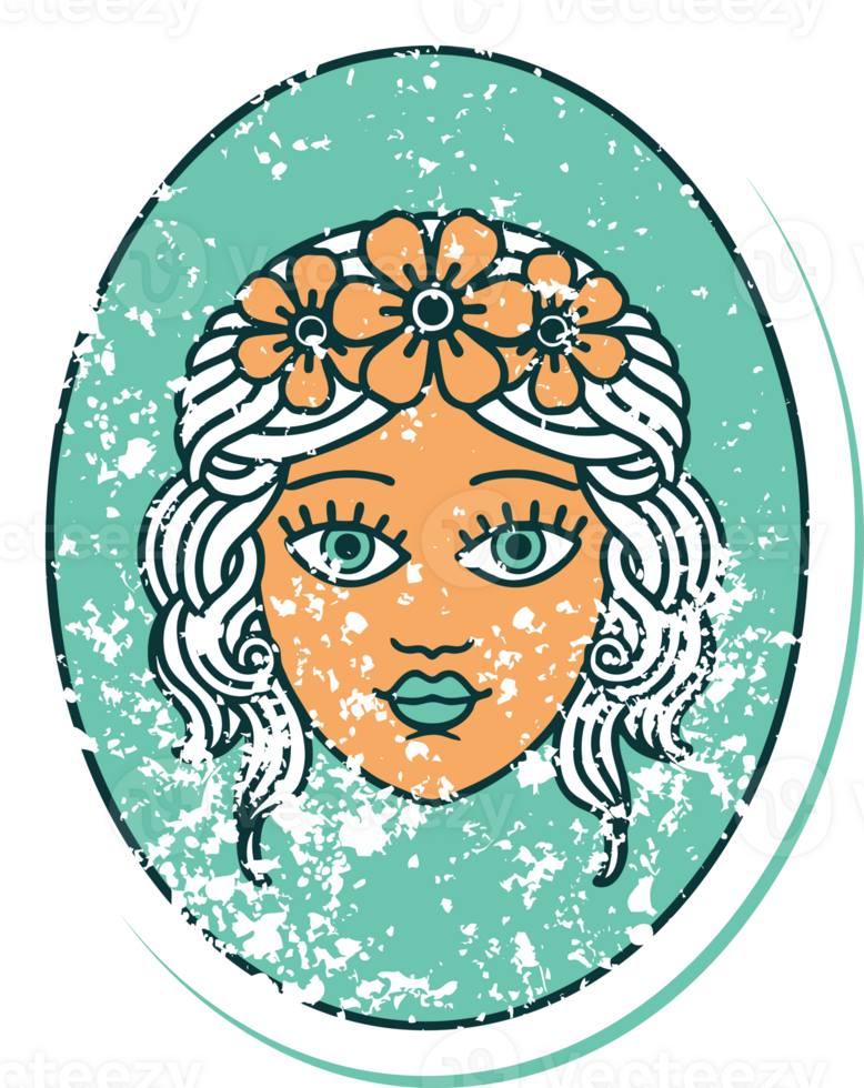 iconic distressed sticker tattoo style image of a maiden with crown of flowers png