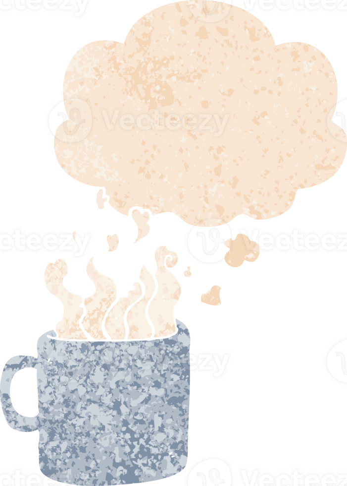 cartoon hot cup of coffee with thought bubble in grunge distressed retro textured style png