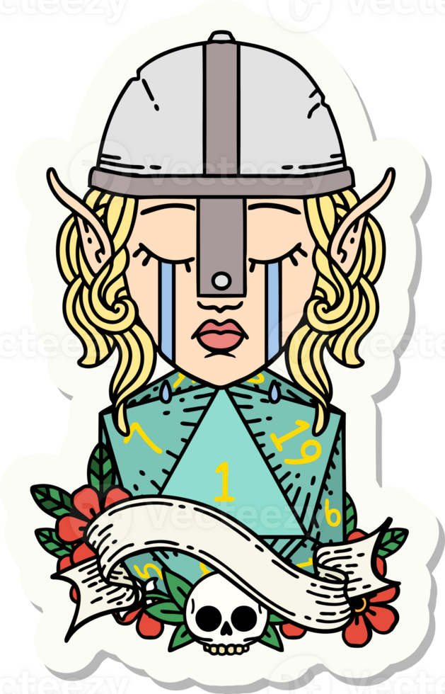 sticker of a crying elf fighter character face with natural one D20 roll png