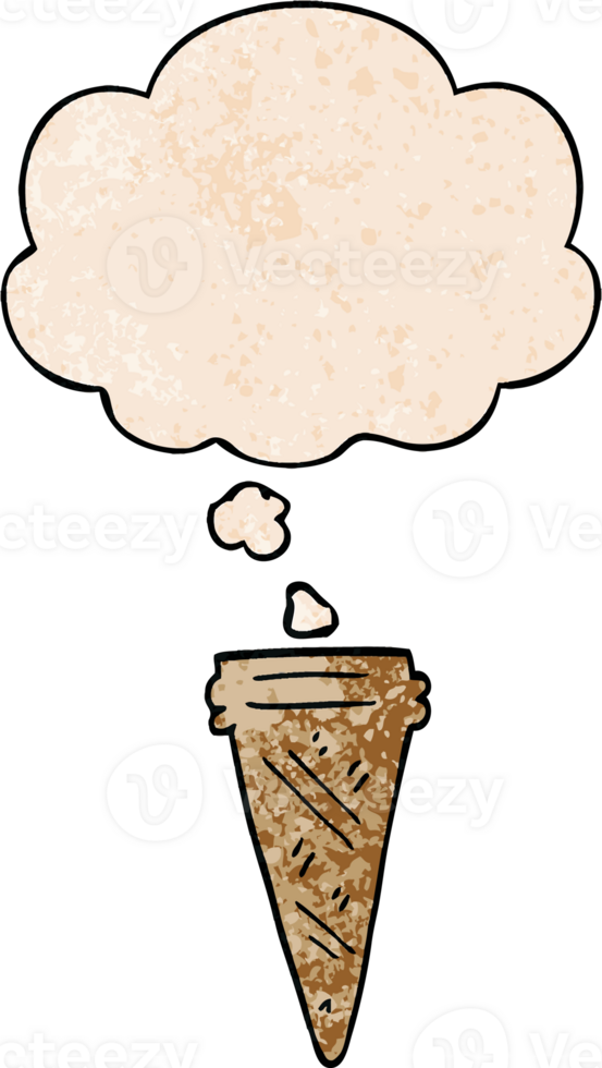 cartoon ice cream cone with thought bubble in grunge texture style png