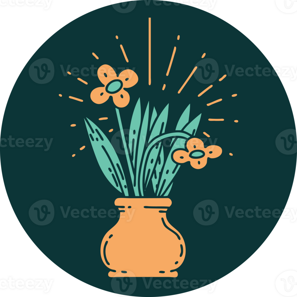 icon of a tattoo style flowers in vase png