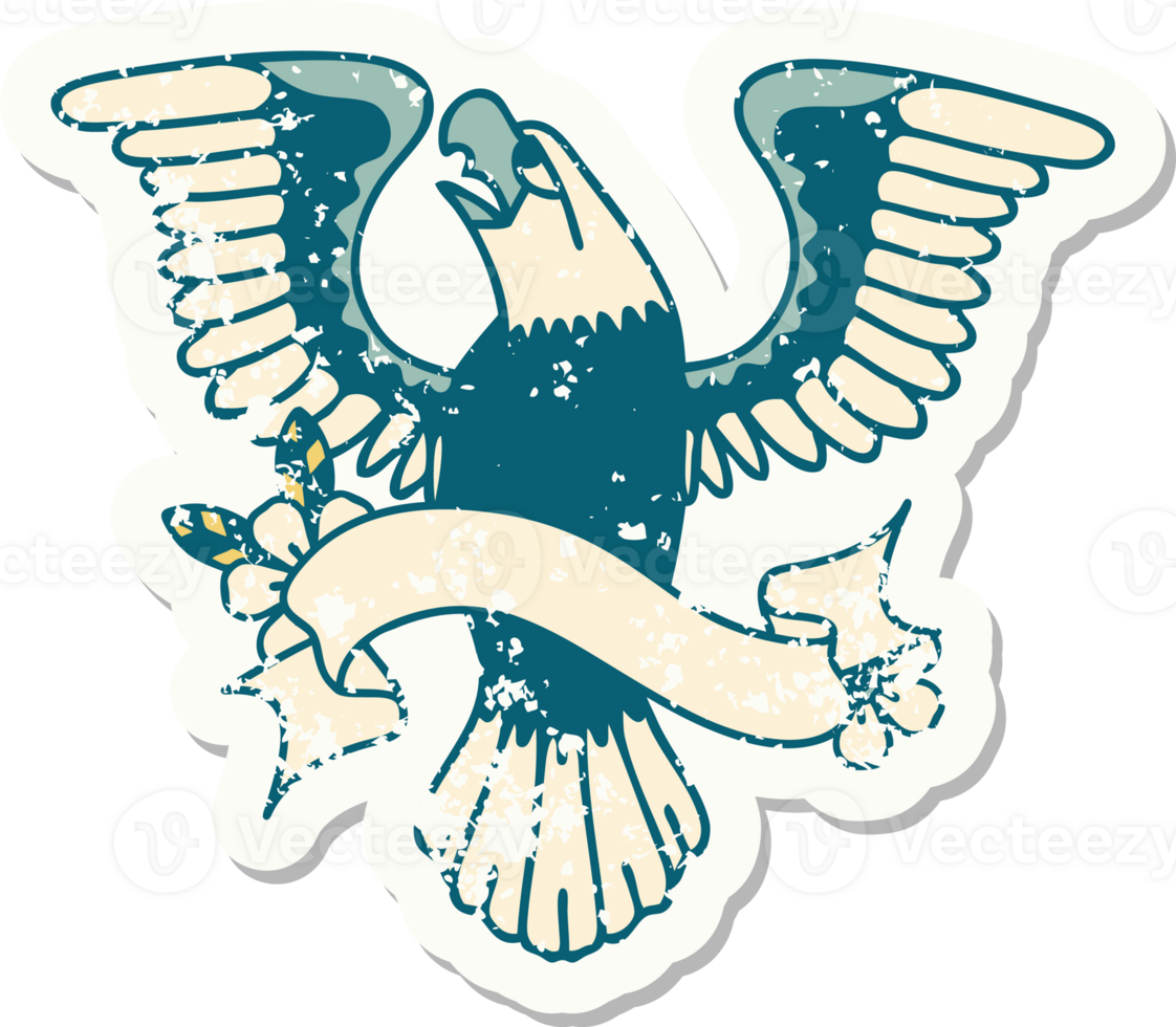 worn old sticker with banner of an american eagle png