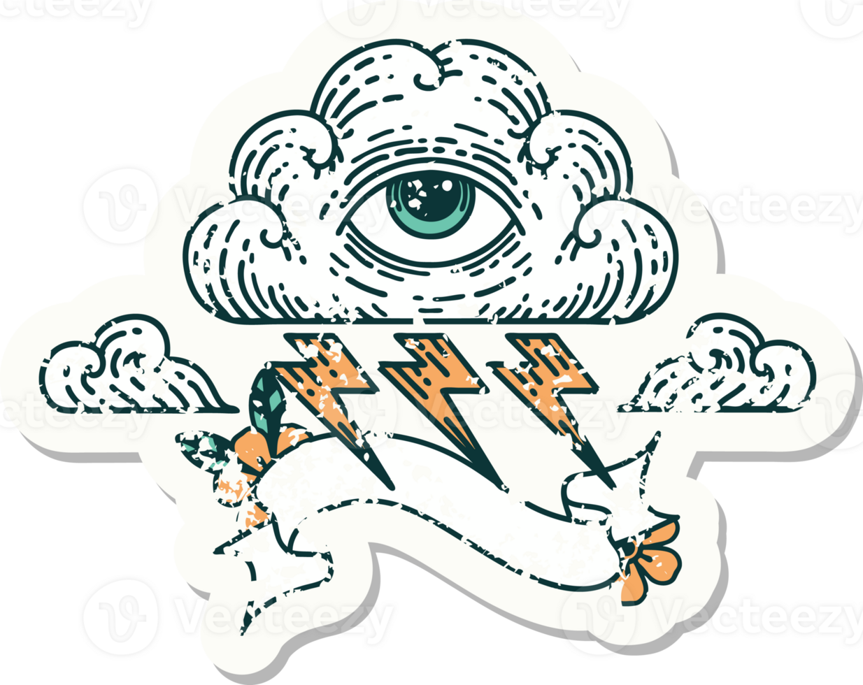 worn old sticker with banner of an all seeing eye cloud png