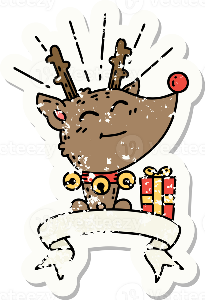 worn old sticker of a tattoo style christmas reindeer with present png