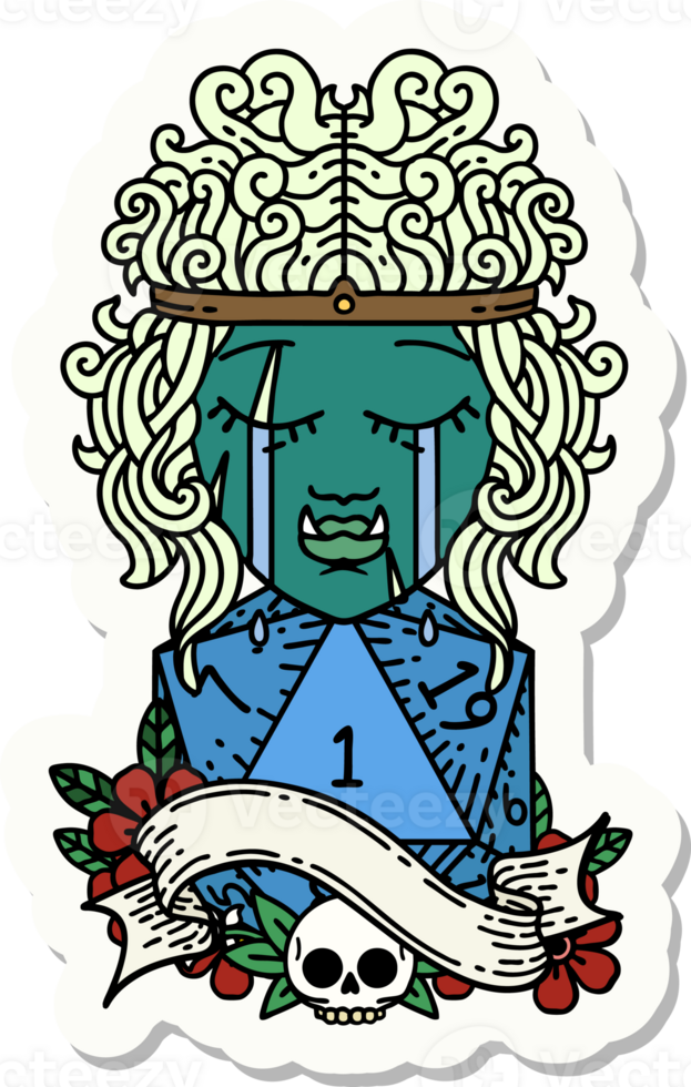 sticker of a crying orc barbarian character face with natural one D20 roll png