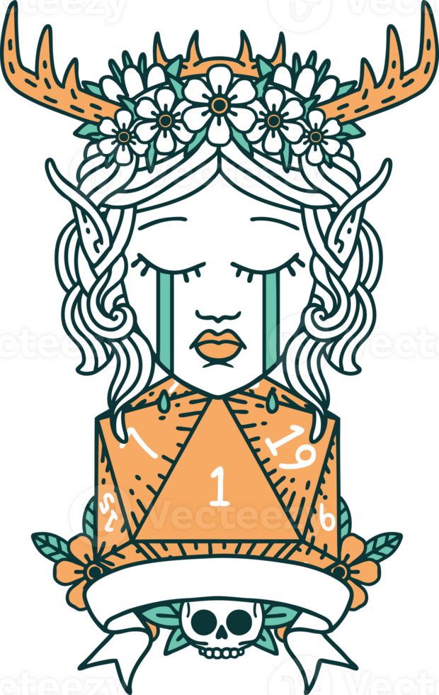 Retro Tattoo Style sad elf druid character face with natural one D20 roll png