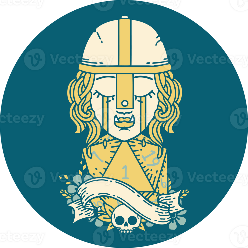 Retro Tattoo Style crying orc fighter character face with natural one D20 roll png