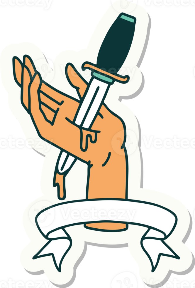tattoo style sticker with banner of a dagger in the hand png