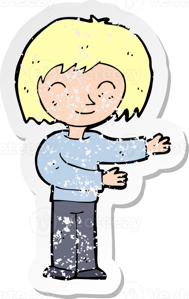 retro distressed sticker of a cartoon woman gestureing welcome png