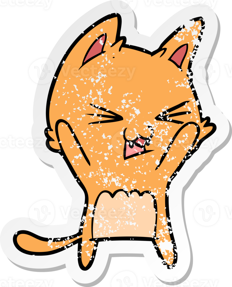 distressed sticker of a cartoon cat hissing png