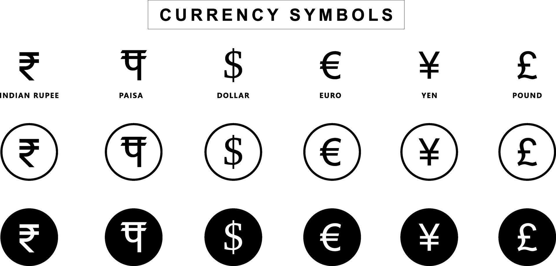 Set of international currency icons symbol including Rupee, Paisa, Euro, Dollar, Pound, Yen, and Yuan. vector