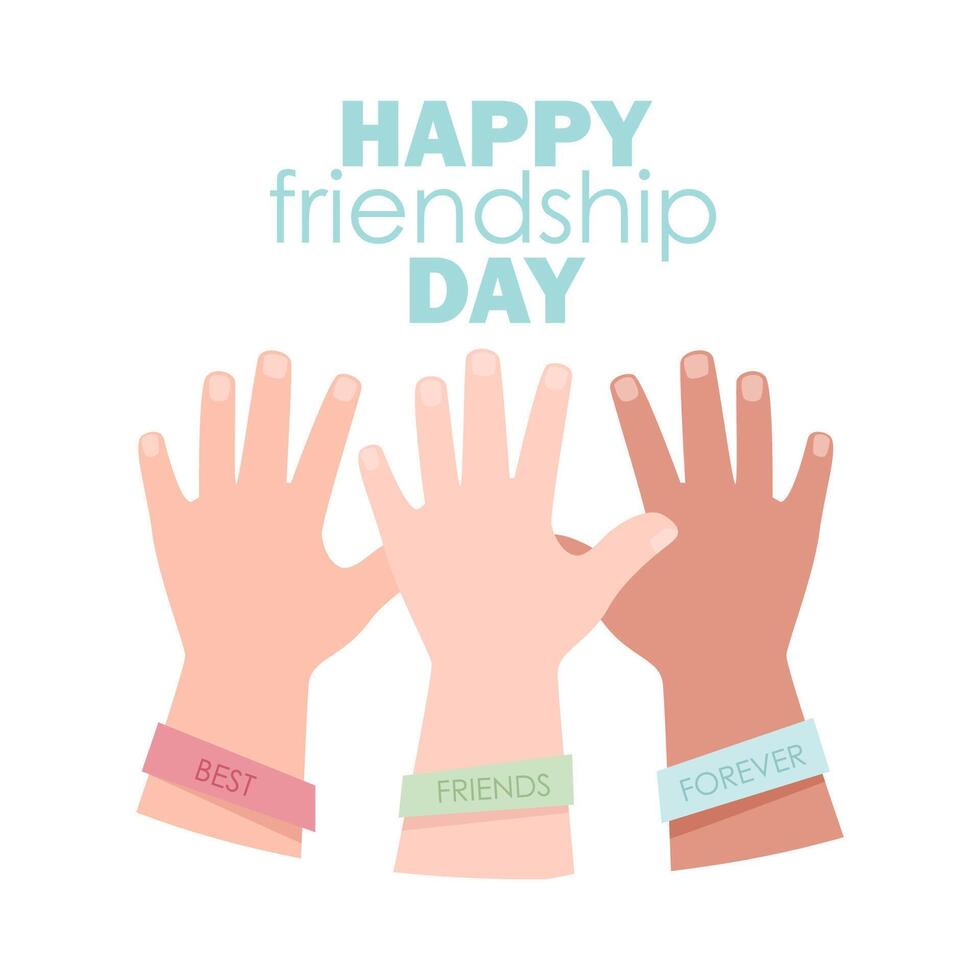 Three hands with different skin color with friendship bracelets on Friendship Day vector