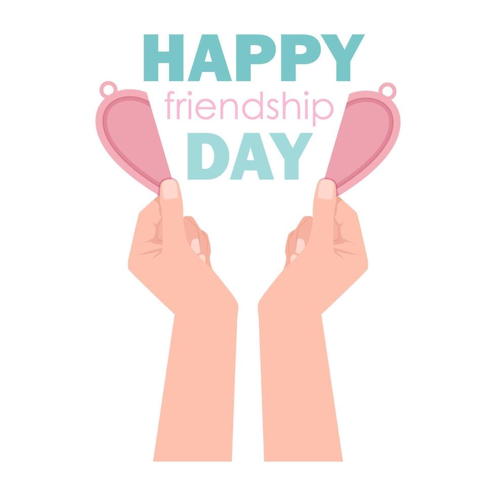 Lettering with female hands holding halves of a heart pendant for Friendship Day vector