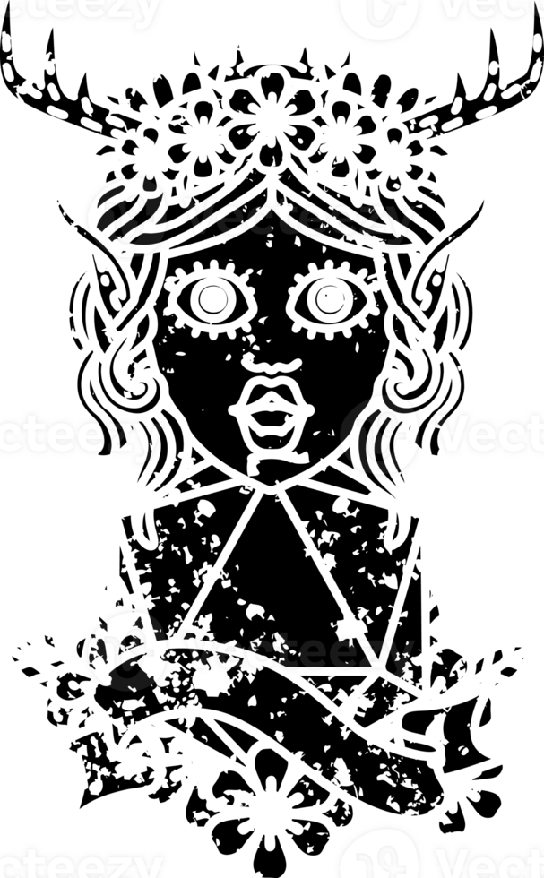Black and White Tattoo linework Style elf druid with natural twenty dice roll distressed icon png