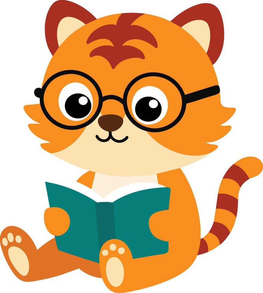 a illustration of a cute little tiger reading a book vector