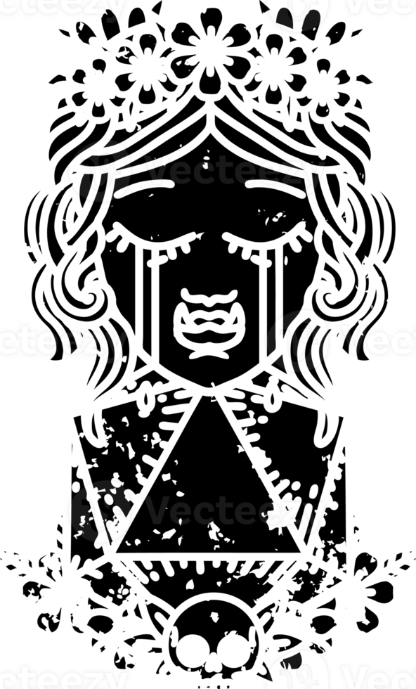 Black and White Tattoo linework Style sad half orc druid character with natural one dice roll distressed icon png