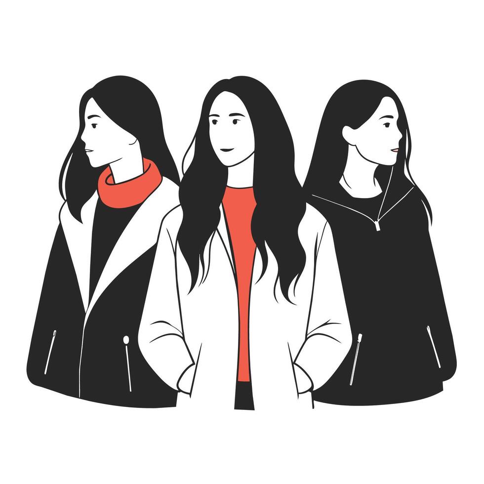 Three FACELESS female friends wearing winter jackets with different poses vector