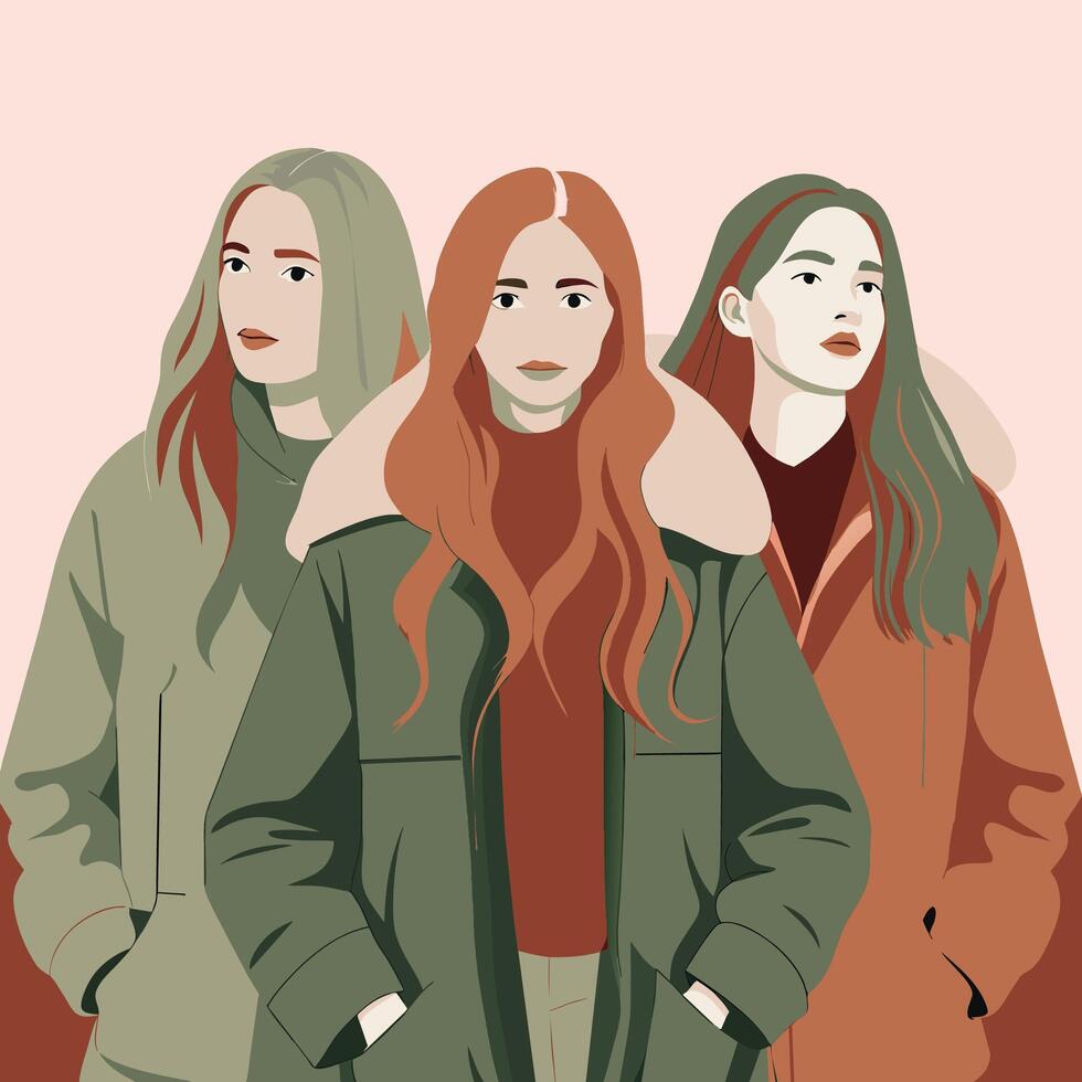 Tres sin rostro hembra amigos vistiendo invierno chaquetas con diferente posa, mujer día vector