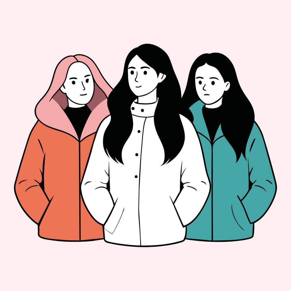 Tres sin rostro hembra amigos vistiendo invierno chaquetas con diferente posa, mujer día vector