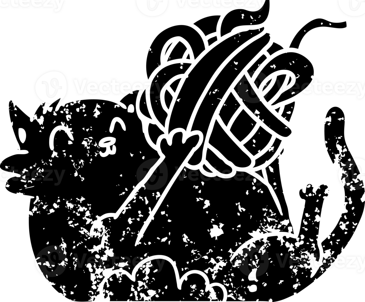 cartoon cat playing with ball of string distressed icon png