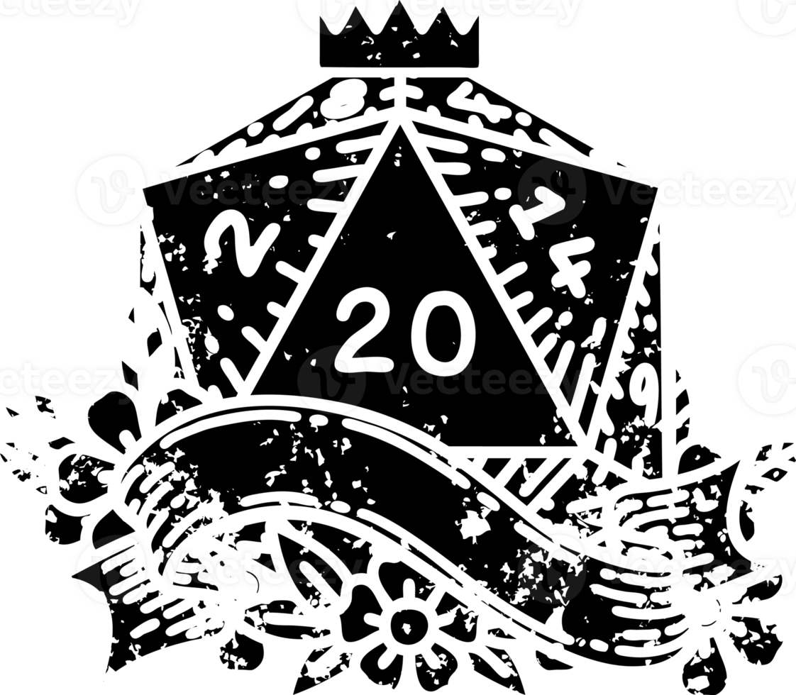 Black and White Tattoo linework Style natural twenty D20 dice roll distressed icon png