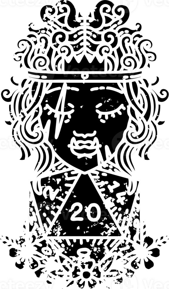 Black and White Tattoo linework Style half orc barbarian with natural twenty dice roll distressed icon png