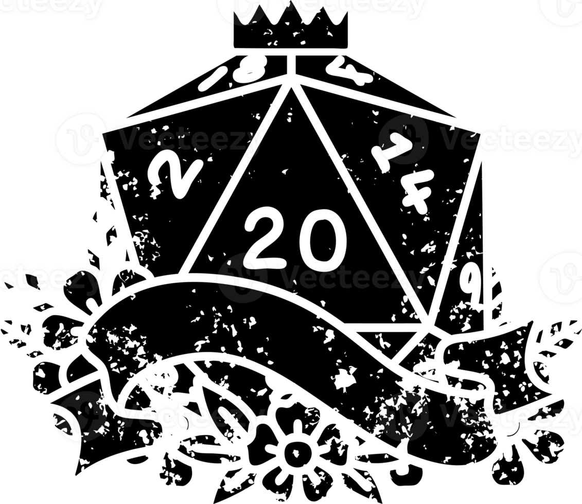 Black and White Tattoo linework Style natural twenty D20 dice roll distressed icon png