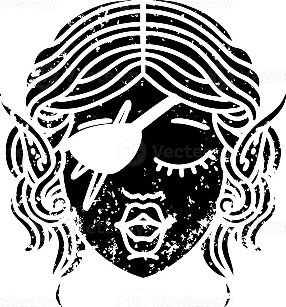 Black and White Tattoo linework Style elf rogue character face distressed icon png