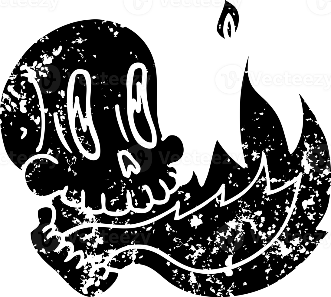 line drawing cartoon flaming skull distressed icon png