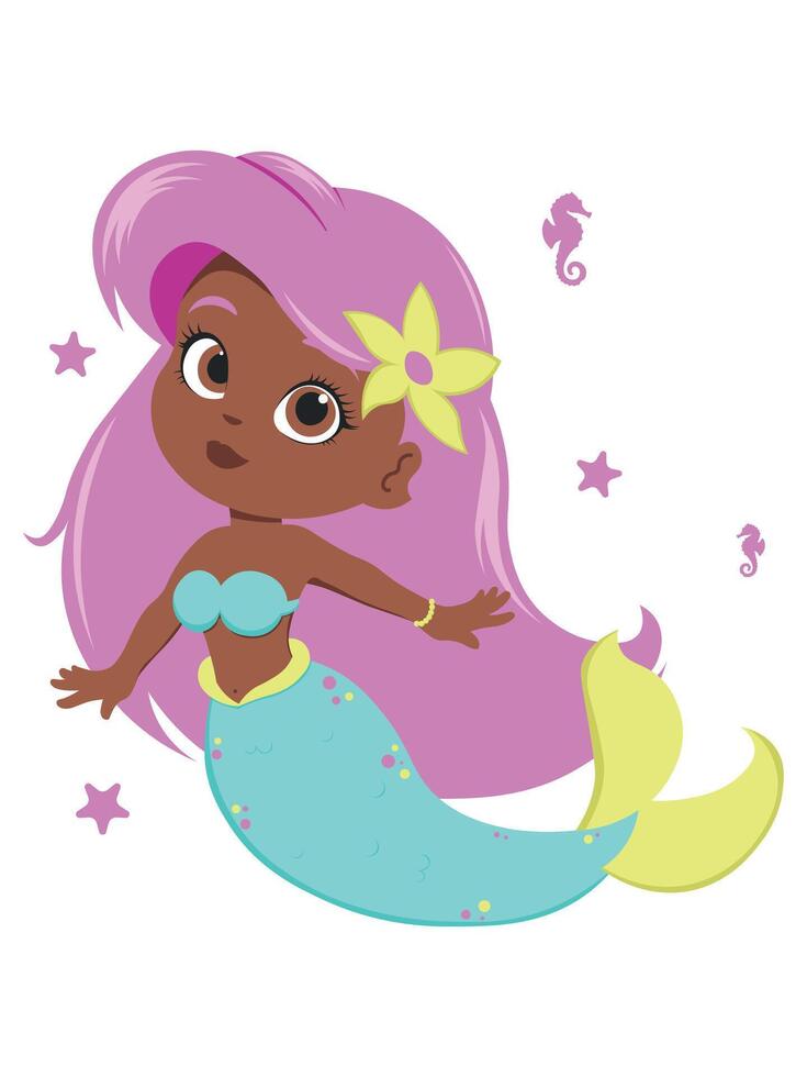 Afro Mermaid Character with Pink Hair and Blue Tail vector