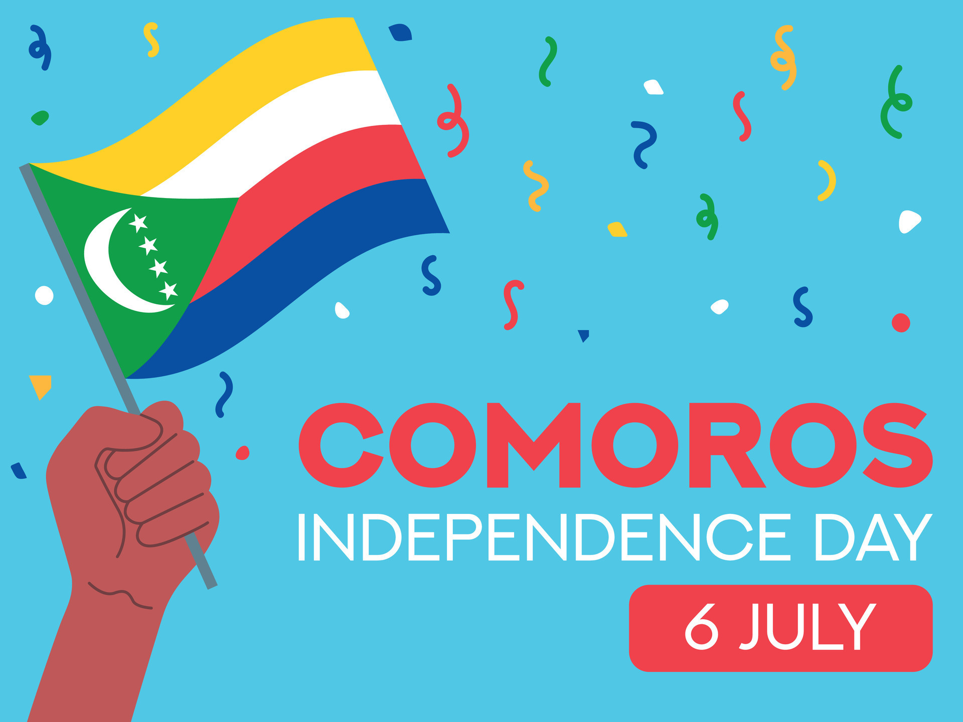 comoros independence day 6 July. comoros flag in hand. Greeting card