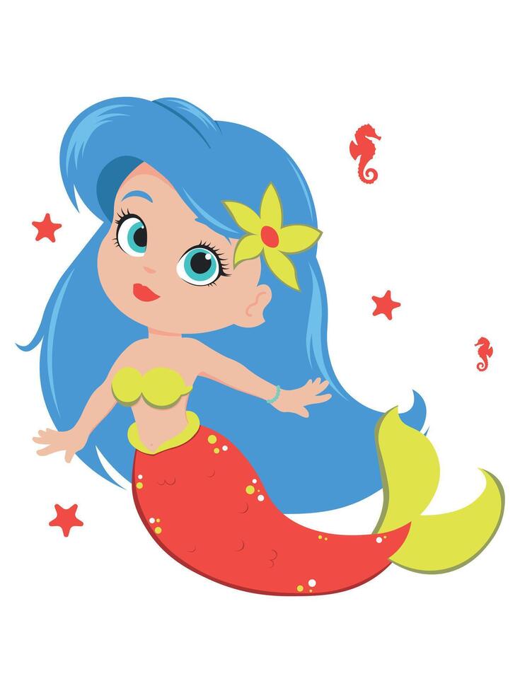 Mermaid Character with Blue Hair and Red Tail vector