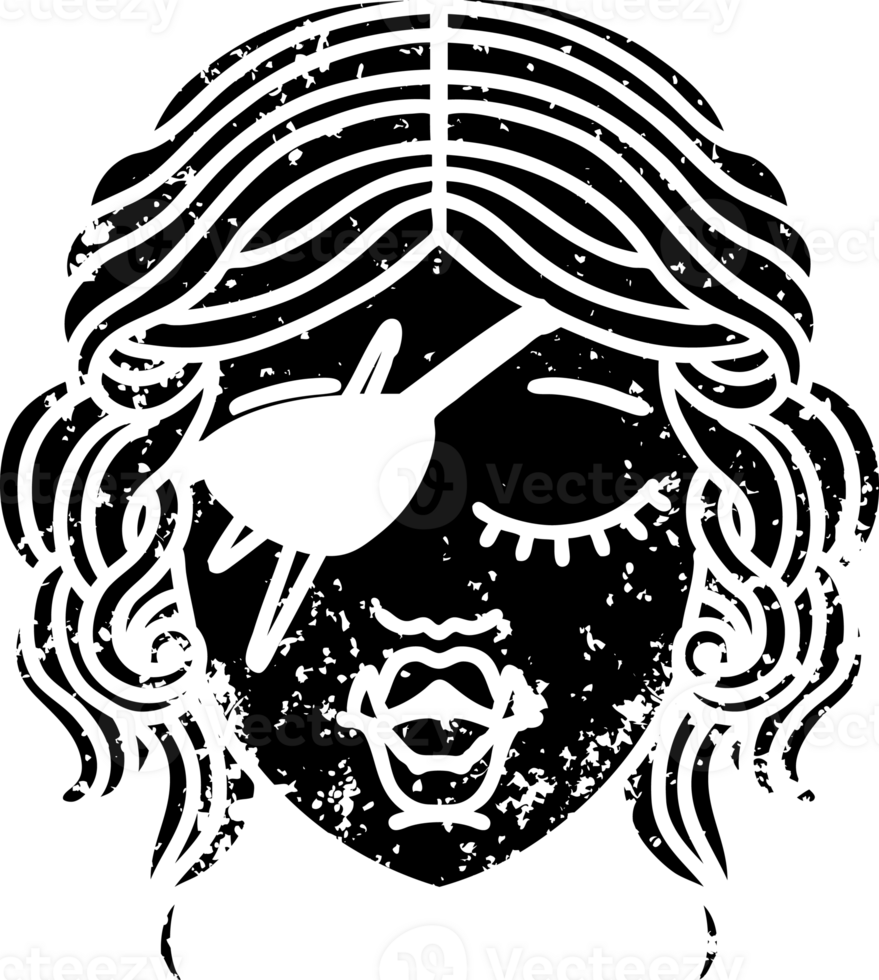 Black and White Tattoo linework Style orc rogue character face distressed icon png