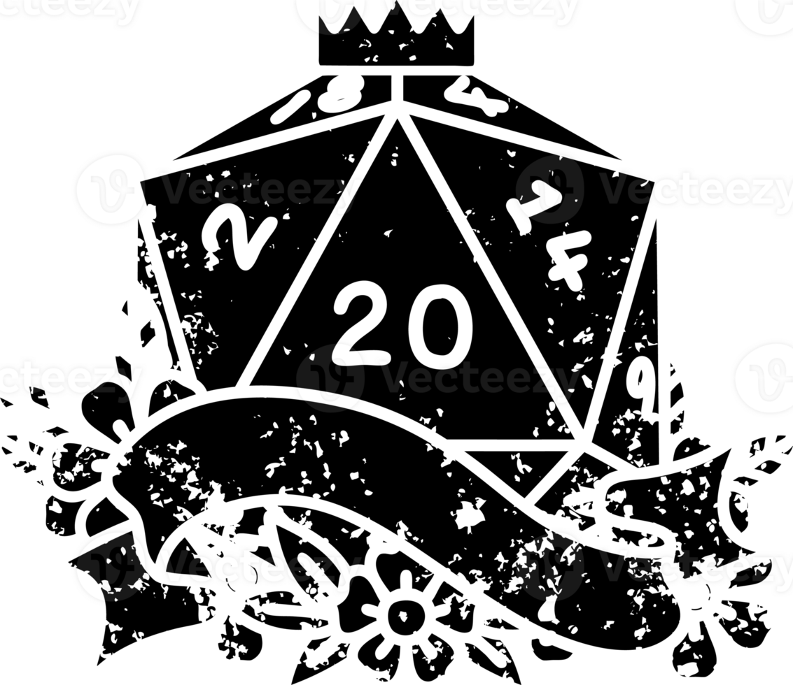 Black and White Tattoo linework Style natural twenty D20 dice roll distressed icon png
