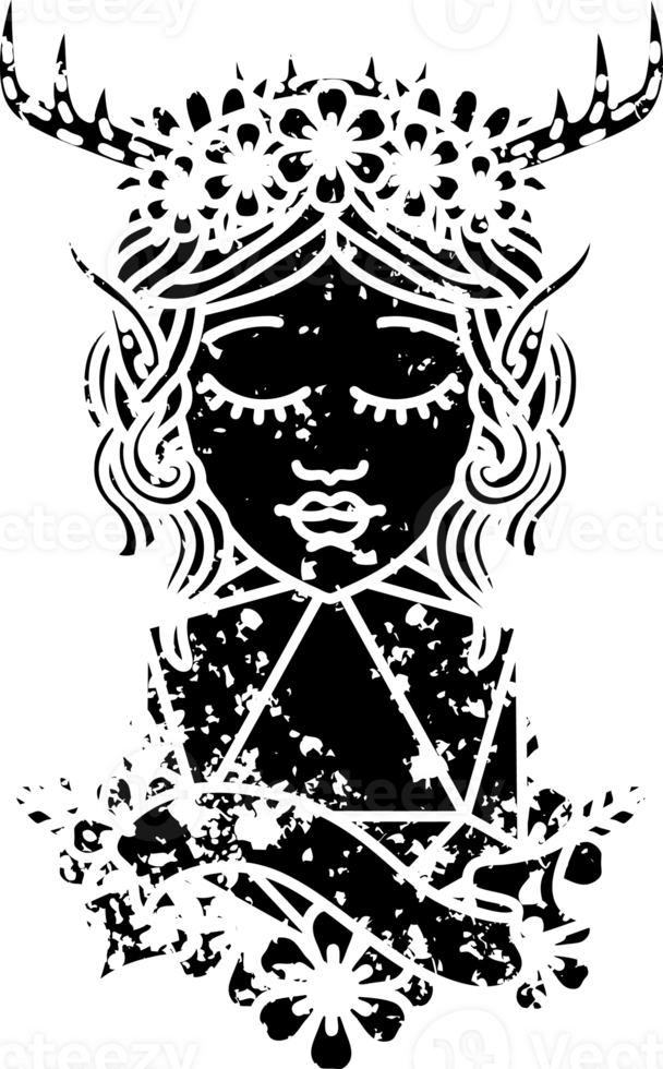 Black and White Tattoo linework Style elf druid with natural twenty dice roll distressed icon png