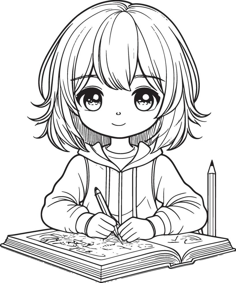 A girl is sitting at a desk with a pencil and a book vector