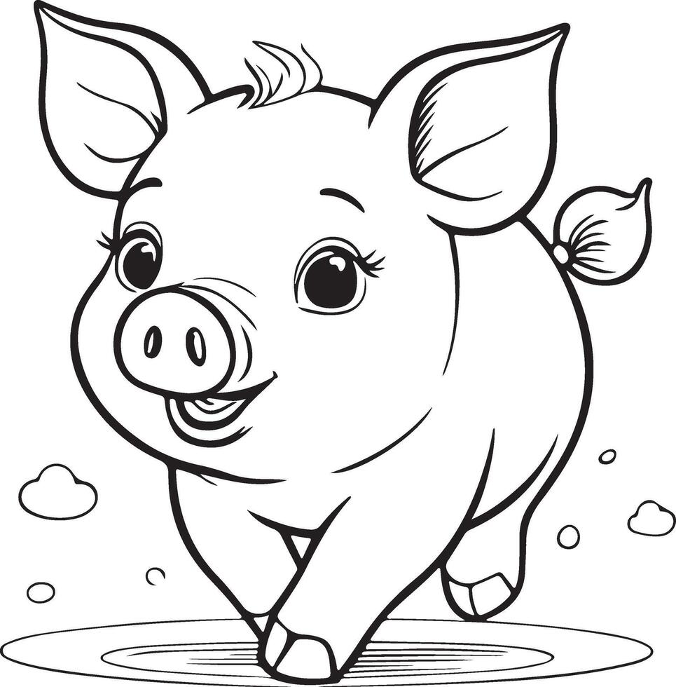 Kawaii pig, cartoon character, cute lines and colorful coloring pages. vector