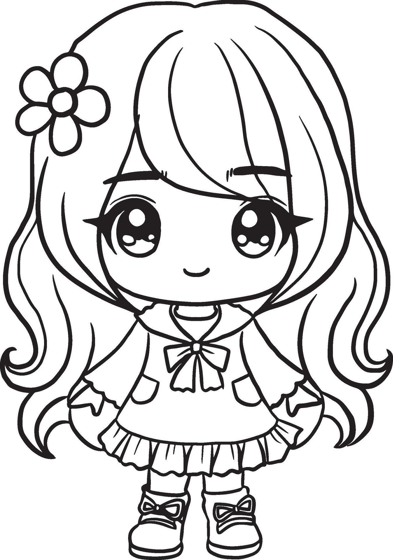 Kawaii girl cartoon character cute lines and colors coloring page
