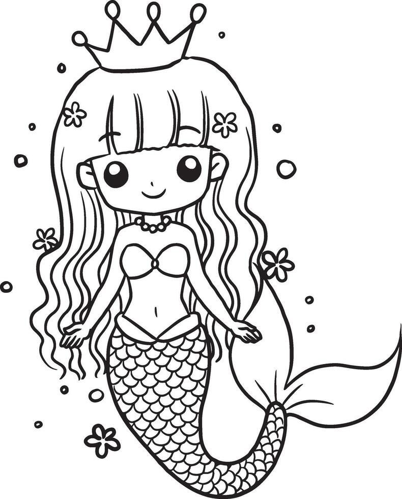 Mermaid, kawaii, cartoon characters, cute, lines and colors, coloring pages vector