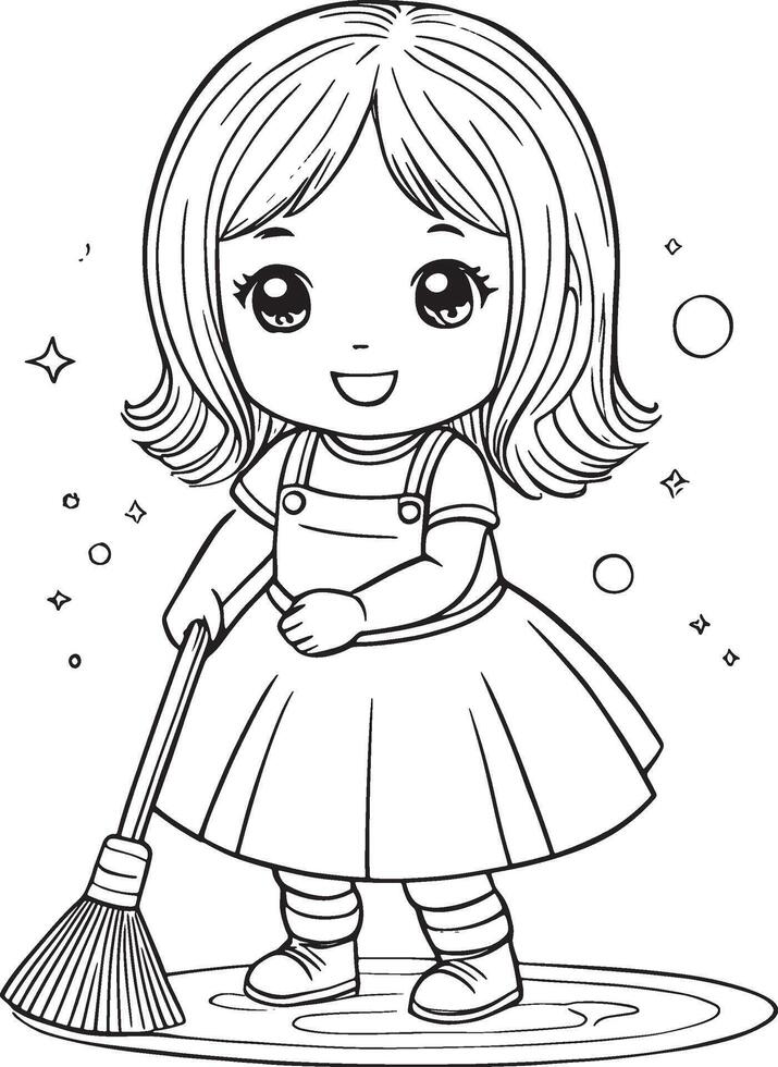Girl sweeping the floor, kawaii cartoon characters, cute lines and colors, coloring page vector