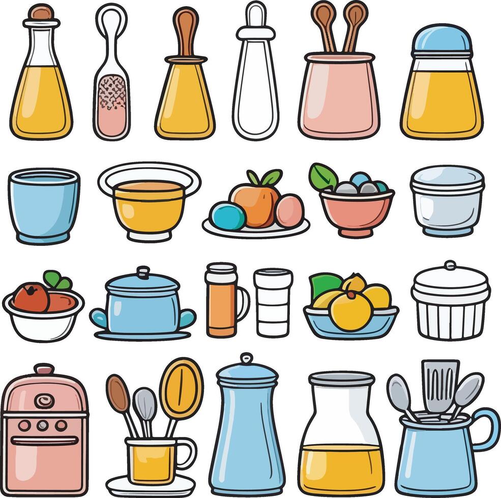A cute cartoon cat is sitting in a pot with a spoon and a cup vector