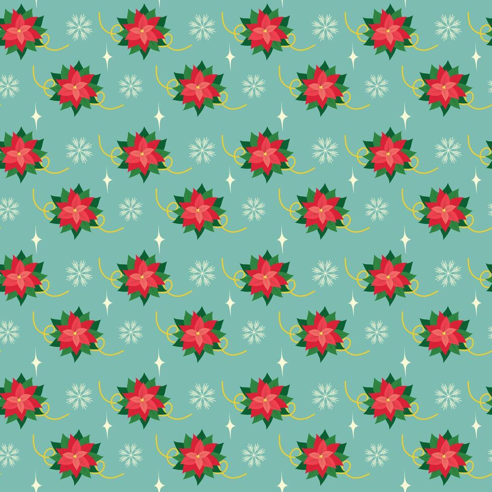 Colorful Poinsettia Snowflakes Decorative Stars Seamless pattern Christmas or New Year greeting idea vector