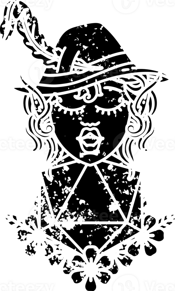 Black and White Tattoo linework Style elf bard character with natural twenty dice roll distressed icon png