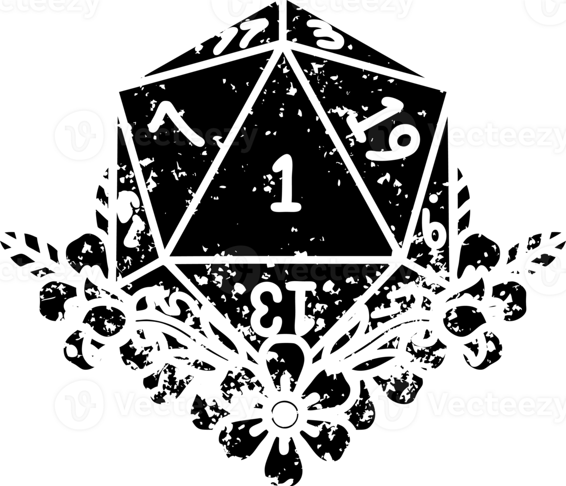 Black and White Tattoo linework Style natural one dice roll with floral elements distressed icon png