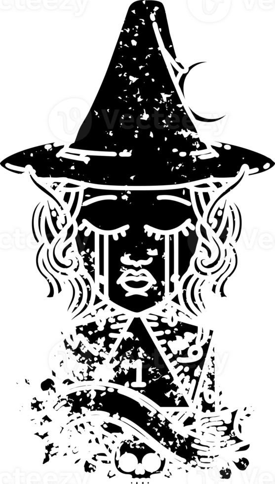 Black and White Tattoo linework Style crying elf mage character face with natural one D20 roll distressed icon png
