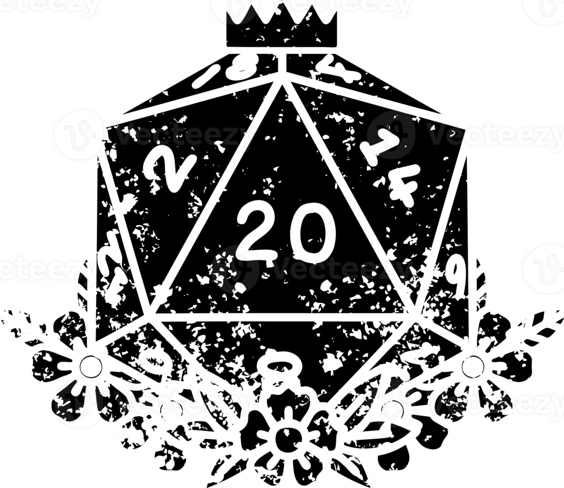 Black and White Tattoo linework Style natural 20 D20 dice roll with floral elements distressed icon png