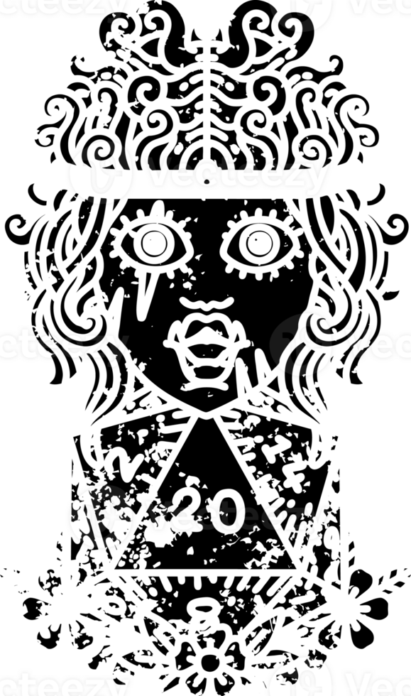 Black and White Tattoo linework Style orc barbarian with natural twenty dice roll distressed icon png