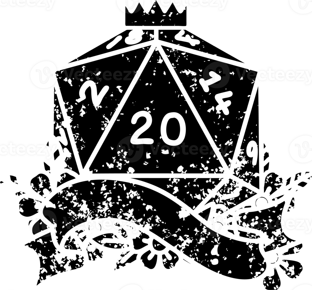 Black and White Tattoo linework Style natural twenty D20 dice roll distressed icon png