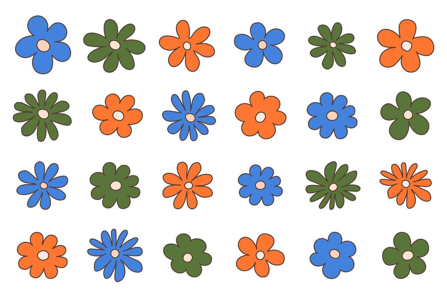 Groovy hippie 70s set. Funny cartoon flower, daisy, etc. Sticker pack in trendy retro p vector