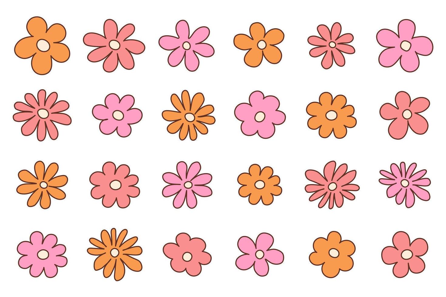 Groovy hippie 70s set. Funny cartoon flower, daisy, etc. Sticker pack in trendy retro p vector